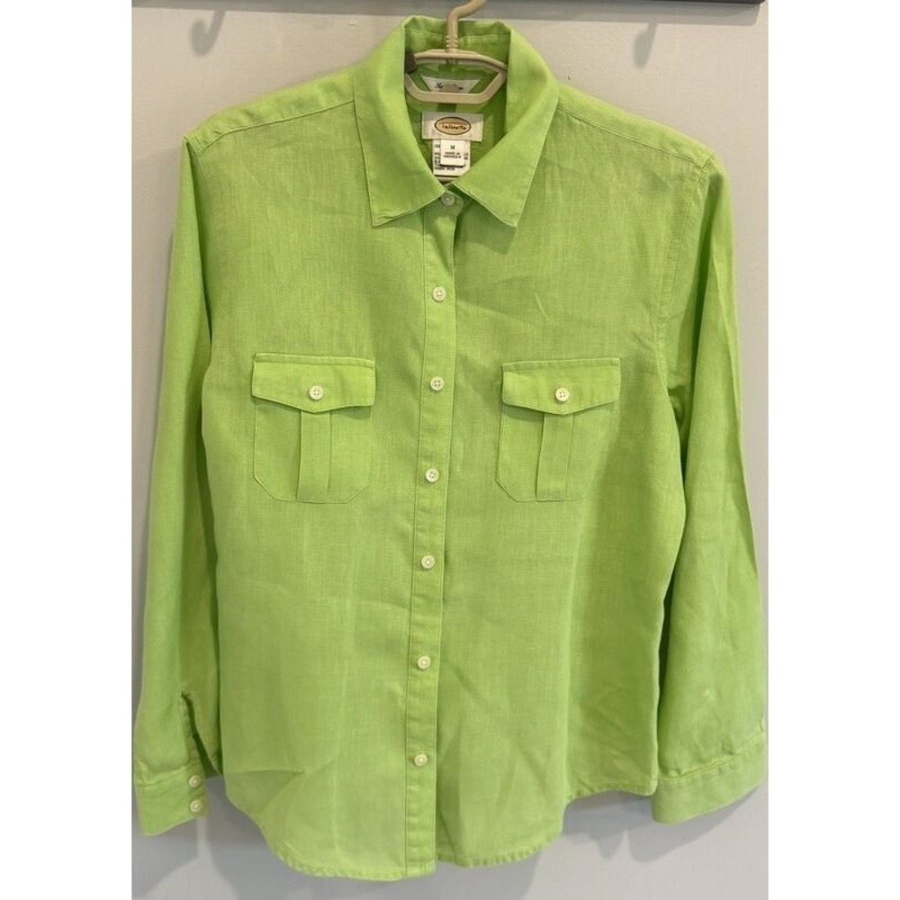 Talbots Irish Linen Long Sleeve Lime Green Button Front Shirt Pockets Size M